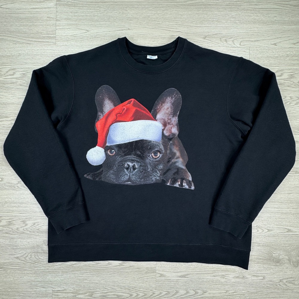 Port & Company Men Sweatshirt French Bulldog Santa Hat Black XL(?) Christmas Dog